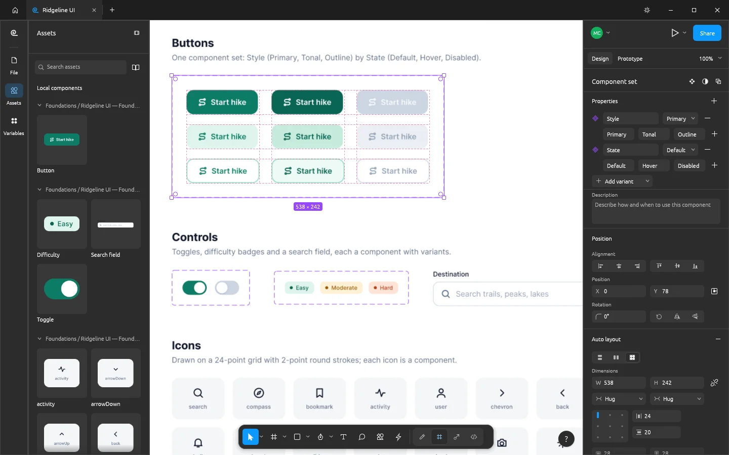 Button component set with nine variants in FigCraft, with Style and State variant properties in the Design panel